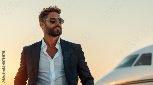 A confident man exuding charisma and style, posing near a private jet, capturing the essence of luxury travel and success against a beautiful sunset backdrop. photo