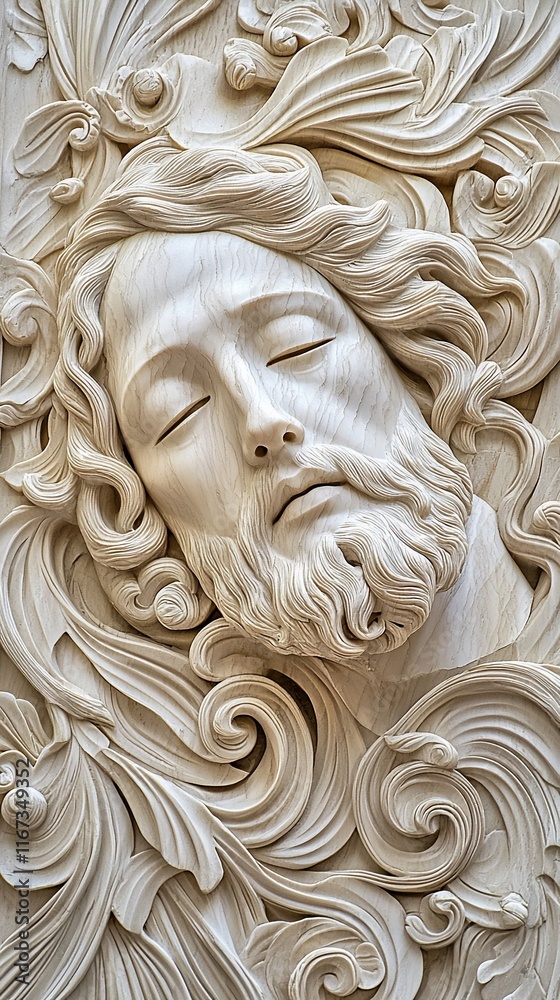 Serene marble relief carving of Jesus' face, surrounded by ornate foliage. Serene marble relief carving of Jesus' face, surrounded by ornate foliage.