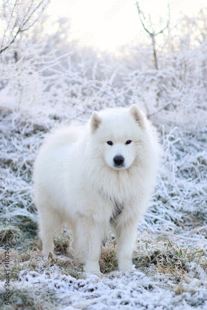 Fototapeta premium a purebred adult Samoyed standing in the middle of a snowy landscape