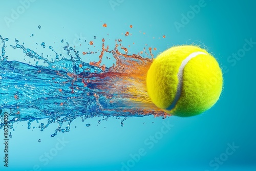 Realistic depiction of a tennis ball colliding with colorful splashes of liquid in a dynamic and energetic composition photo