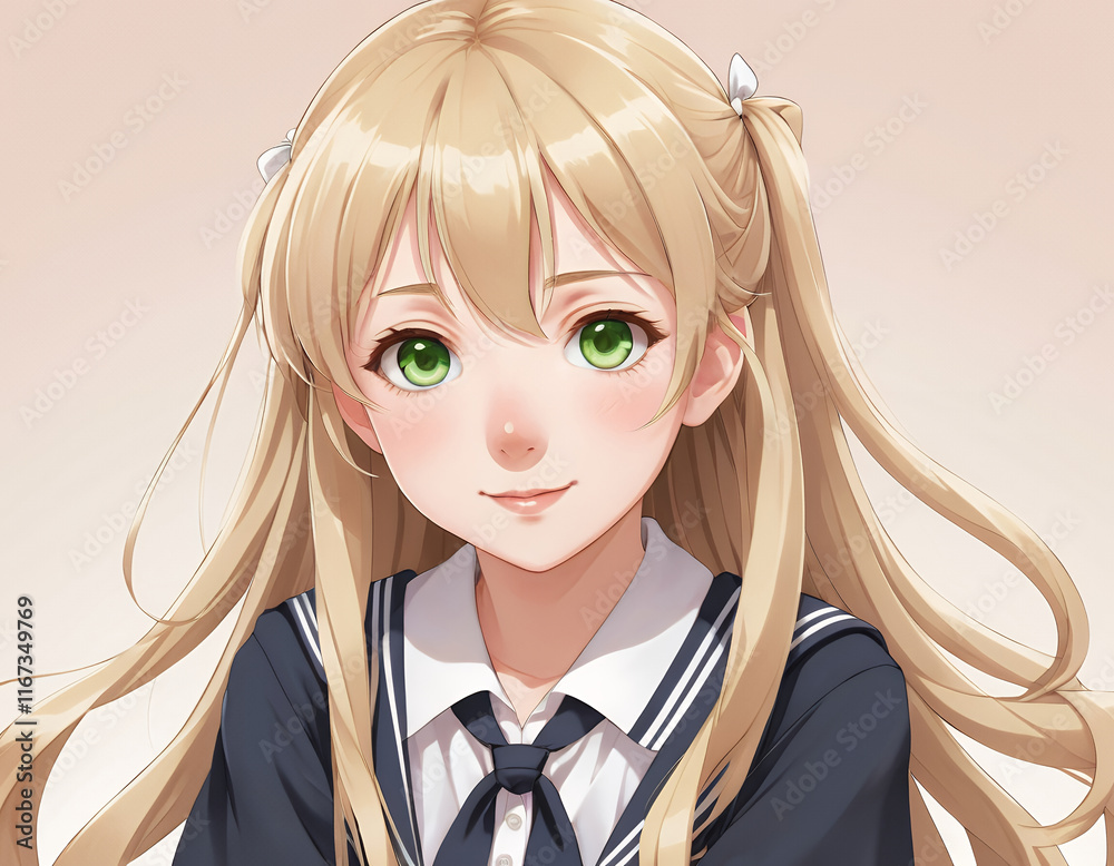Smiling Anime Girl in School Uniform, Perfect for Posters or Cards Smiling Anime Girl in School Uniform, Perfect for Posters or Cards