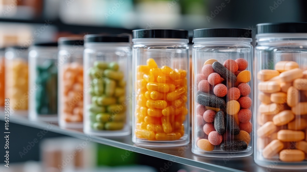 Various dietary supplements are displayed in transparent bottles, highlighting their unique shapes and colors, ideal for health promotion and product packaging visuals. Various dietary supplements are displayed in transparent bottles, highlighting their unique shapes and colors, ideal for health promotion and product packaging visuals.