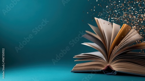 An open book with sparkling elements rising from its pages, inviting curiosity and imagination, illustrating the beauty of knowledge and storytelling in a unique way.