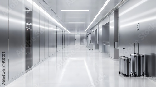 A Long Silver Airport Locker Room with Luggage and Suitcases

 photo