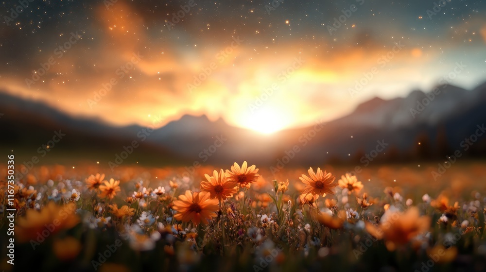 A picturesque scene capturing a vibrant sunset illuminating a field of blooming flowers, embodying nature's beauty and tranquility during twilight hours. A picturesque scene capturing a vibrant sunset illuminating a field of blooming flowers, embodying nature's beauty and tranquility during twilight hours.