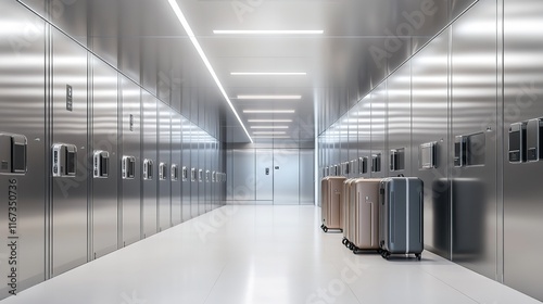 A Long Silver Airport Locker Room with Luggage and Suitcases

 photo