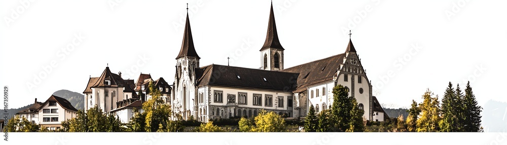 Historic church with spires, surrounded by lush greenery, isolated on white background. Historic church with spires, surrounded by lush greenery, isolated on white background.