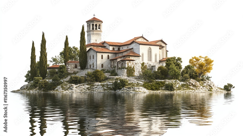 Architectural building on an island with reflection on calm water, white isolate background. Architectural building on an island with reflection on calm water, white isolate background.