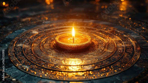 Lit candle on ornate plate, temple background, spiritual offering. photo