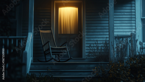 Rocking chair sits on porch with warm light glowing from the doorway at night