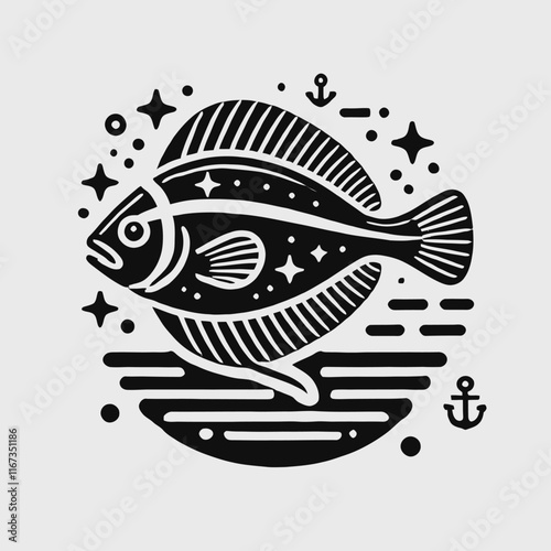 Flounder Fish Vector Icon - Black and White Design