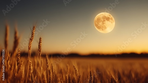 A mesmerizing view of a wheat field illuminated by a full moon; the serene atmosphere showcases the beauty of nature and evokes feelings of peace and tranquility.
