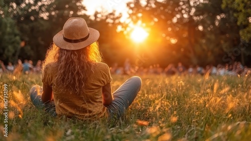 A woman with a straw hat enjoys the golden hour, surrounded by nature, with the sun setting behind her, creating a beautiful moment of solitude and reflection.