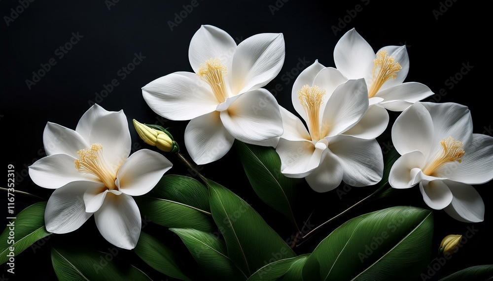 Fototapeta premium white flowers with green leaves on black heritage