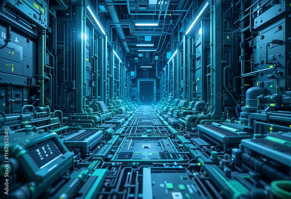 Obraz premium Futuristic Machine Corridor in Neon Blue Lighting