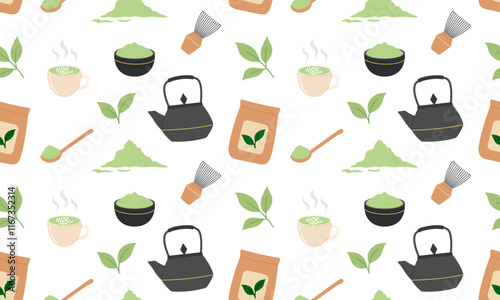 Matcha tea Seamless pattern. Organic matcha tea, vegan organic desserts and traditional tools for Japanese Matcha green tea ceremony. Flat Vector illustration on white background	