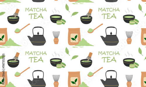 Matcha tea Seamless pattern. Organic matcha tea, vegan organic desserts and traditional tools for Japanese Matcha green tea ceremony. Flat Vector illustration on white background	