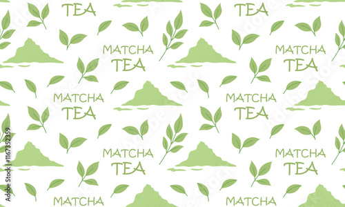 Matcha tea Seamless pattern. Matcha green tea powder. Japanese green tea ceremony. Flat Vector illustration isolated on white background