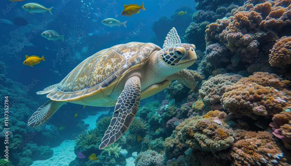 Obraz premium Marine Life in Underwater Aquarium with Loggerhead Sea Turtle and Coral