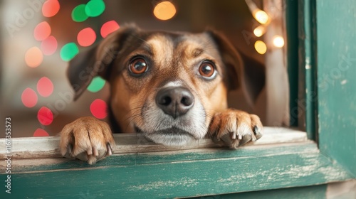 This charming image features a beagle resting its chin on a windowsill, capturing a moment of curiosity and warmth, symbolizing the bond between pets and their owners. photo