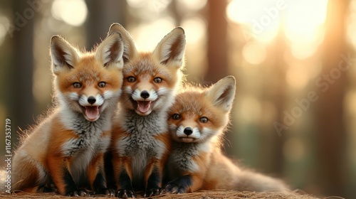 Three energetic fox cubs sit close together in the golden light of the forest, showcasing their playfulness and curiosity against a natural backdrop. photo