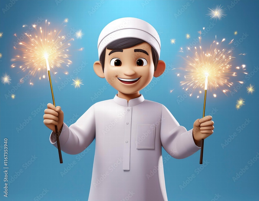 3D cartoon joyful young boy in traditional clothing holds two sparkling sparklers 3D cartoon joyful young boy in traditional clothing holds two sparkling sparklers