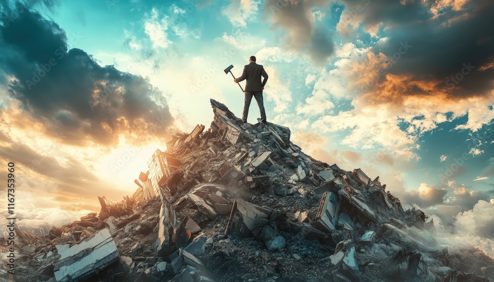 Businessman On A Mountain Of Building Ruins, Wielding A Sledgehammer: Symbolizing Dismantling Old Industry For Modern Infrastructure Businessman On A Mountain Of Building Ruins, Wielding A Sledgehammer: Symbolizing Dismantling Old Industry For Modern Infrastructure