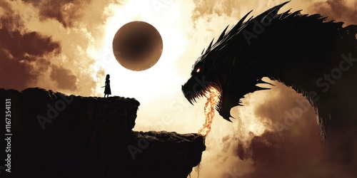 art of a black dragon breathing fire at a girl on a cliff, sun on sky background photo