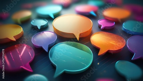 Colorful speech bubbles of various sizes scattered on a dark surface, representing communication and dialogue.