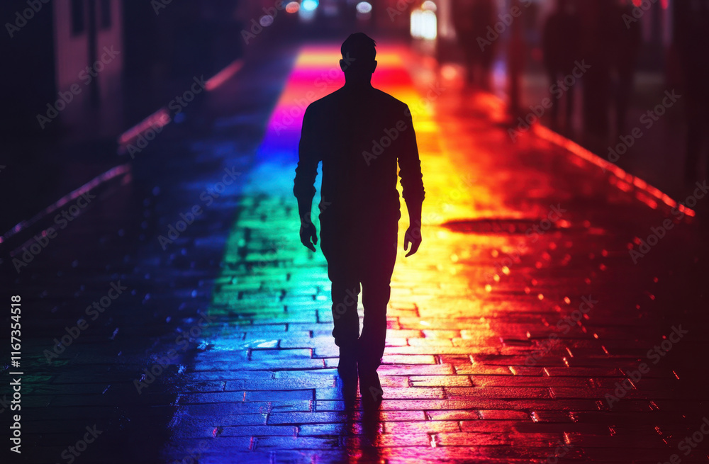 A person walks alone down a wet street at night, surrounded by shimmering colors reflecting on the pavement. The vibrant lights create a lively atmosphere. A person walks alone down a wet street at night, surrounded by shimmering colors reflecting on the pavement. The vibrant lights create a lively atmosphere.