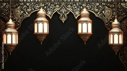 Luxurious Arabian background with ornate gold and white lanterns on black background, copy space , high resolution image photo