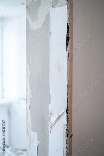 Detail shot of a corner in a house under construction with primed walls and tape for precise painting edges.