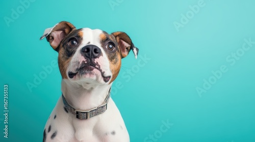 A playful dog with a spotty coat sits attentively against a vibrant teal background, embodying a spirit of curiosity and mischief that resonates with pet lovers. photo