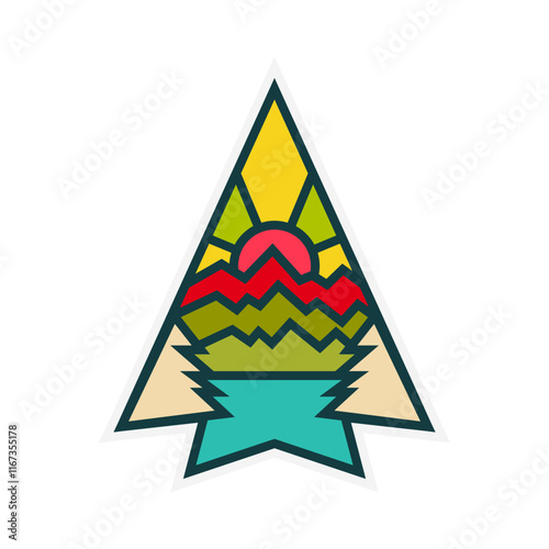 evergreen lake mountain sun logo design with line art style, vector illustration