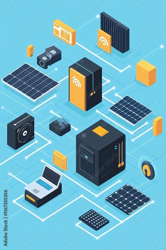 Detailed infographic showing energy flow from solar panels to a battery storage unit and into home appliances. Detailed infographic showing energy flow from solar panels to a battery storage unit and into home appliances.