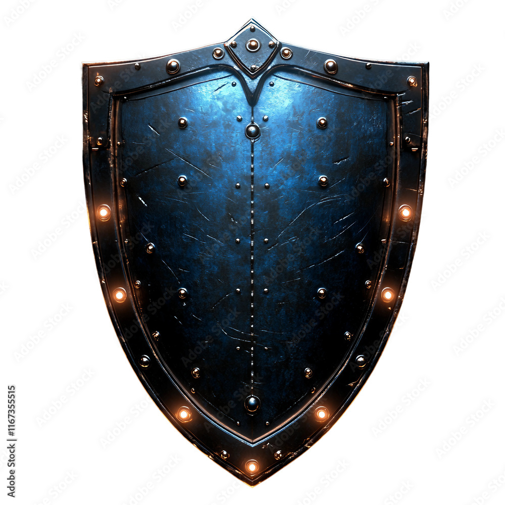 Fototapeta premium A sleek metallic shield with glowing blue locks and digital patterns on a transparent background