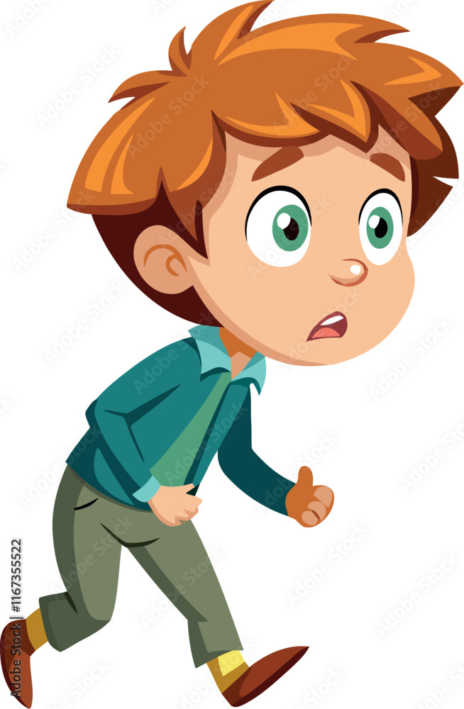 Worried young boy running away looking scared