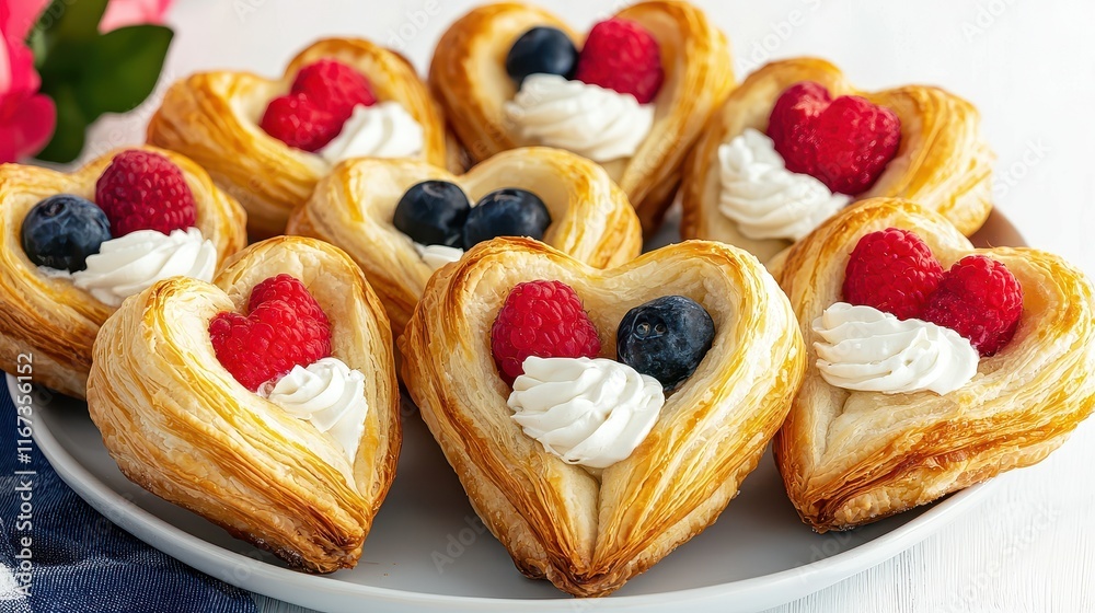 Valentine Food Concept, Heart-Shaped Puff Pastries with Cream and Berries on a White Plate Valentine Food Concept, Heart-Shaped Puff Pastries with Cream and Berries on a White Plate