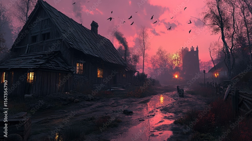 Dark Village Sunset With Birds Flying Over Wooden Houses Dark Village Sunset With Birds Flying Over Wooden Houses