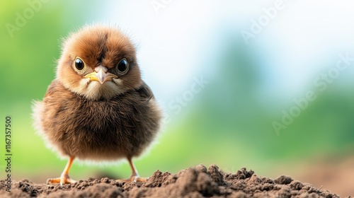 A fluffy brown chick stands on the ground, embodying cuteness and curiosity, captivating viewers with its adorable expression and charming demeanor.