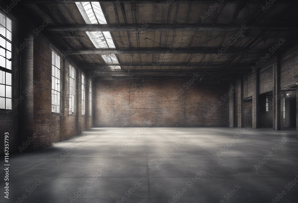 Industrial loft style empty old warehouse interior brick wall concrete floor and black steel roof Industrial loft style empty old warehouse interior brick wall concrete floor and black steel roof