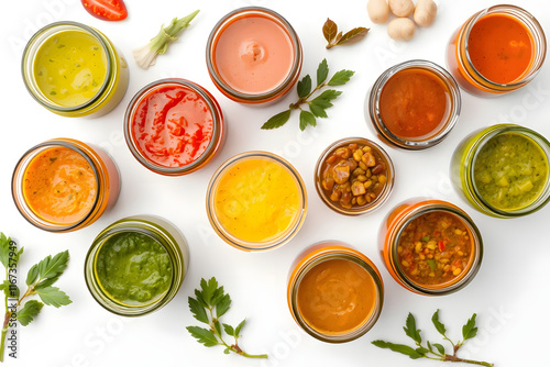 Wallpaper Mural Top view of various colorful sauces or condiments in glass jars on a white background. Torontodigital.ca
