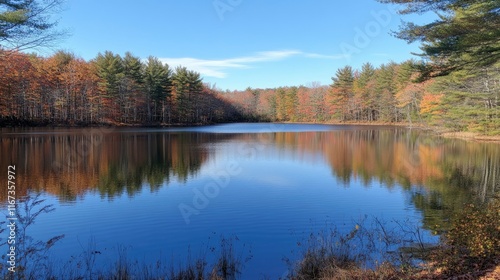 Autumnal lake reflection serene forest scene