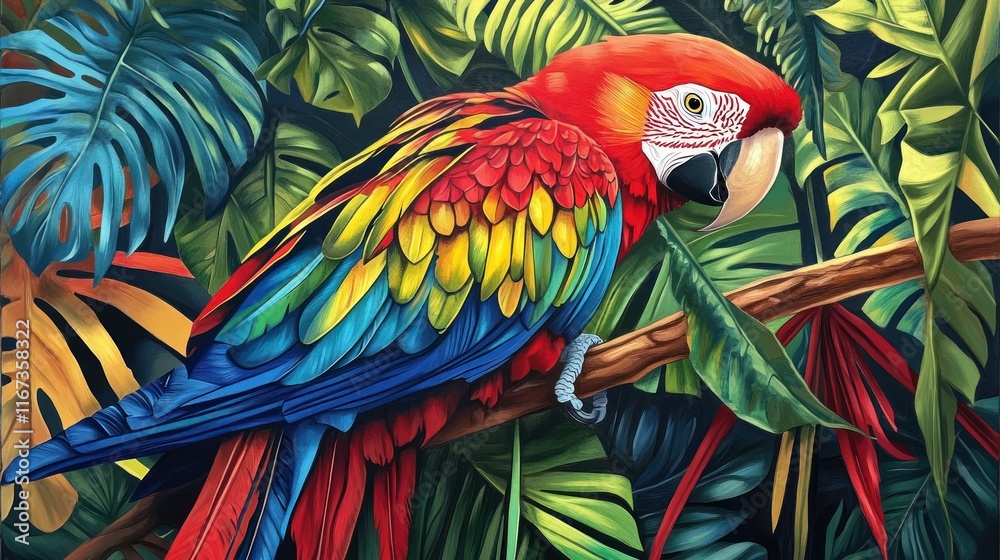 Fototapeta premium Vibrant scarlet macaw perched on branch amidst lush tropical foliage.