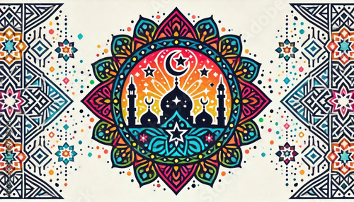 Mosque logo with colorful mandala patterns and crescent moon on a white background photo