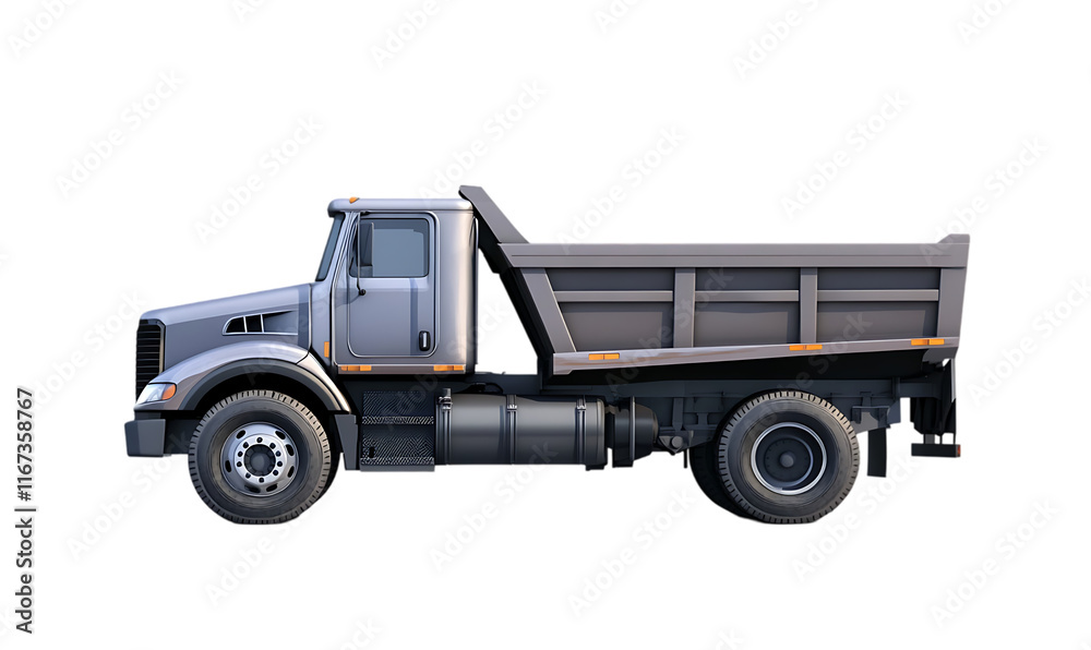 A side view of a gray dump truck, designed for transporting materials. A side view of a gray dump truck, designed for transporting materials.