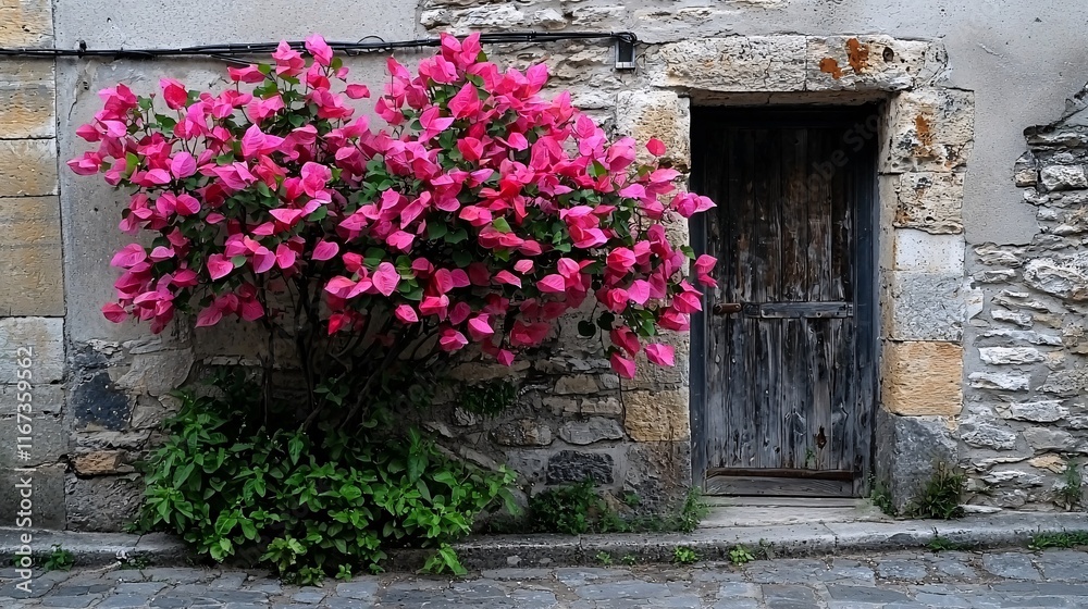 vibrant bougainvillea plant decorating the entrance of a Mediterranean-style home, with the flowers spilling over a rustic stone wall. Bougainvillea vibrant bougainvillea plant decorating the entrance of a Mediterranean-style home, with the flowers spilling over a rustic stone wall. Bougainvillea