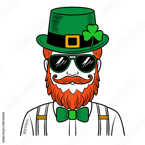 Vector illustration of a trendy hipster Irish man in leprechaun green hat, with red beard, and sunglasses. Design for St. Patrick's Day