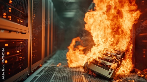 Vivid flames engulfing data storage equipment in a server room emphasizes the perilous side of technology, highlighting urgent safety and disaster response themes. photo