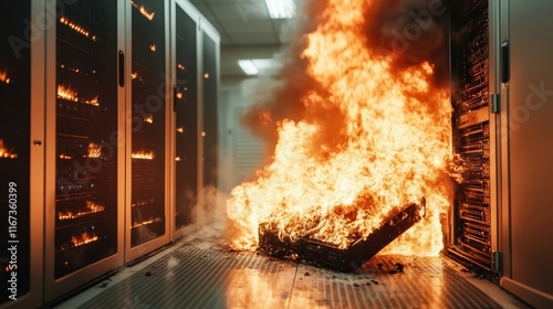 A powerful image of a data center where a server is on fire, showcasing the risks and destructive nature of electrical failures within critical infrastructure.